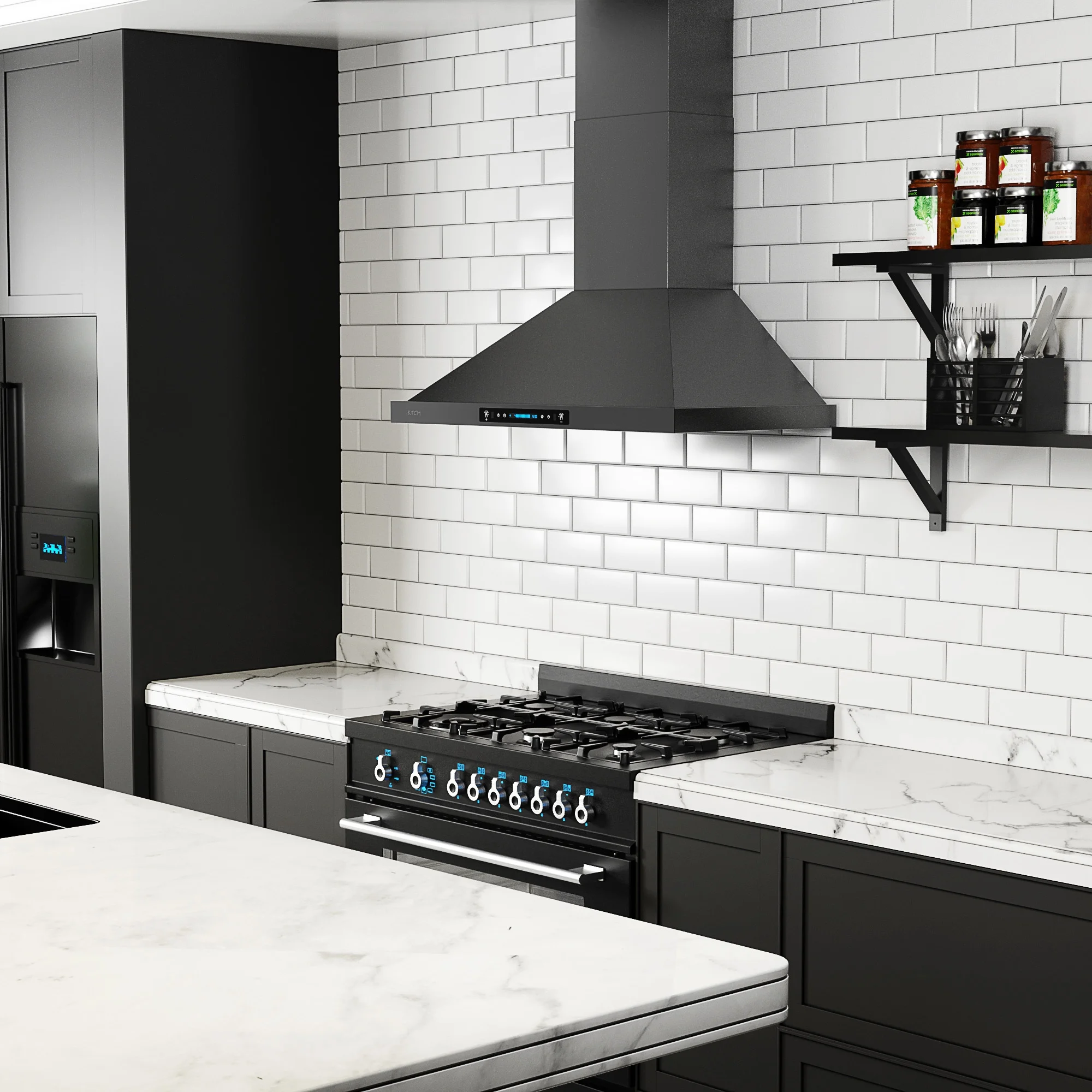 IKTCH 30 inch Black Wall Mount Range Hood, 900 CFM Ducted/Ductless Stainless Steel Vent Hood with Gesture Sensing & Touch Control Switch Panel, 2 Pcs Adjustable Lights(IKP02-30-BSS)