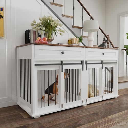 Farmhouse Dog Crate Furniture for 2 Dogs, Room Divider & Sliding Barn Door, Indoor Furniture Style Heavy Duty Dog Cage for Small Medium Dog, Brown White