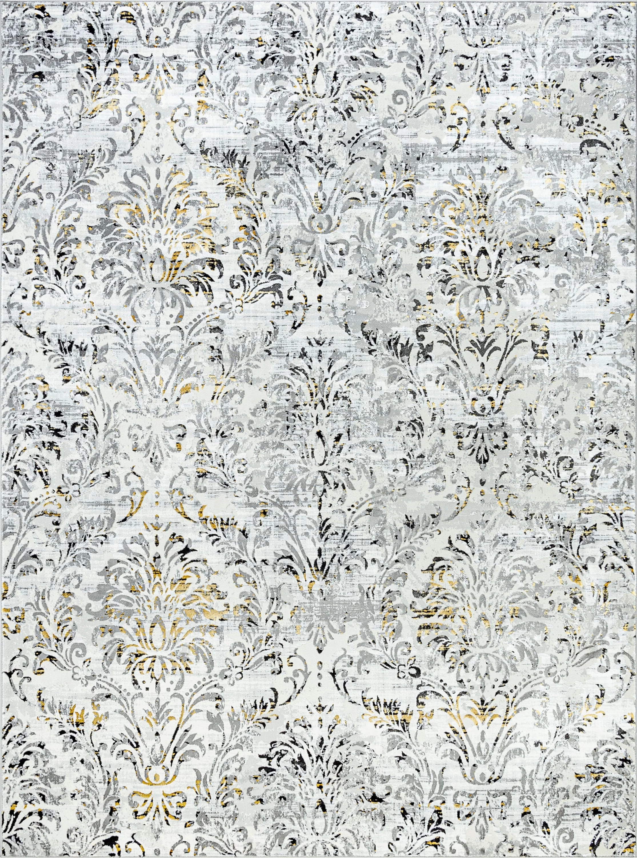 Transitional 5x7 Area Rug (5'3'' x 7'3'') Damask Yellow, Gray Living Room Easy to Clean