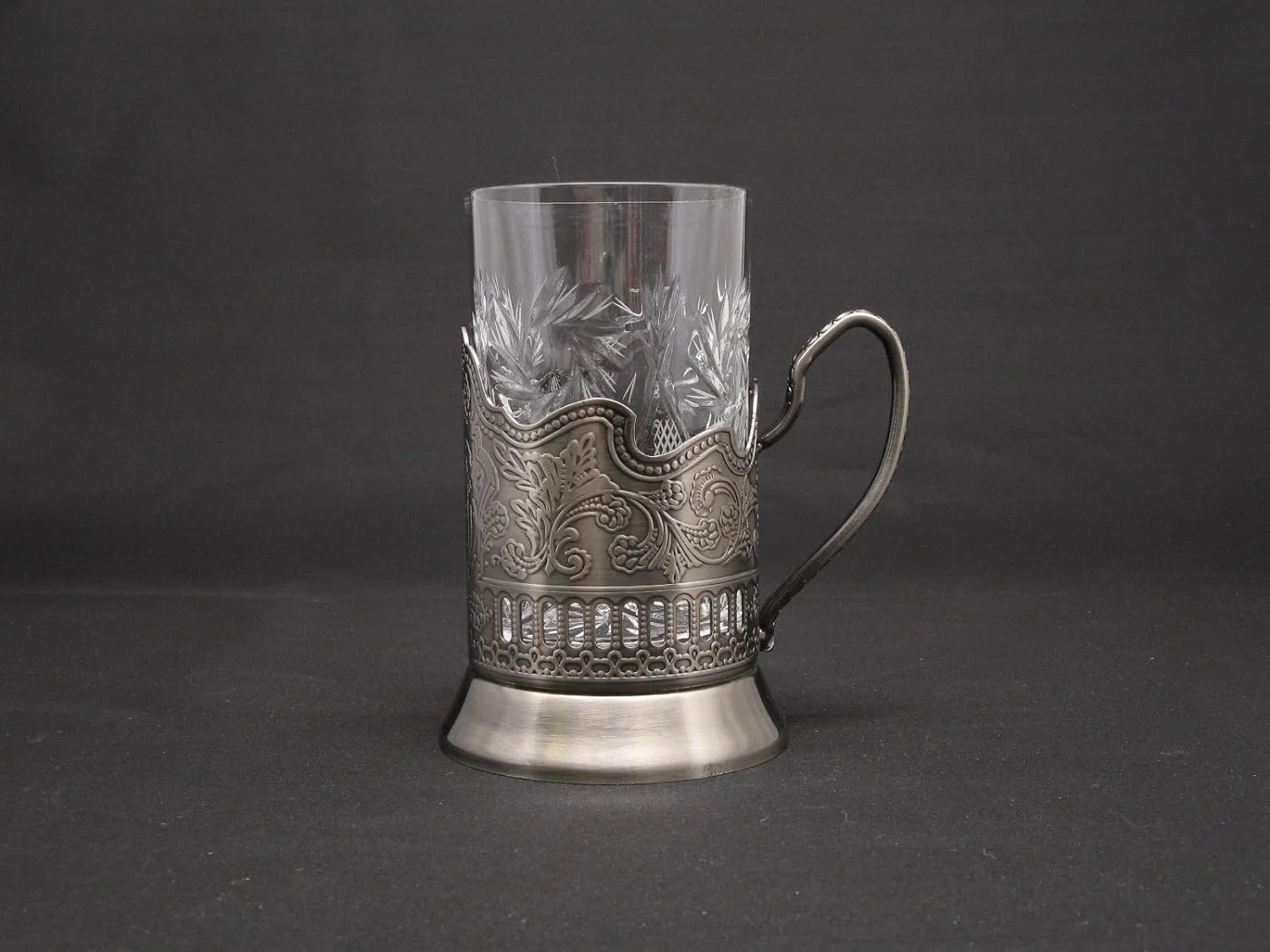 1 Russian Crystal Hot Tea Glass 8.5 Oz & 1 Metal Glass Holder Podstakannik