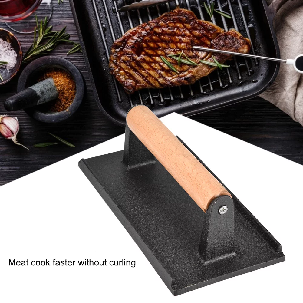 Nikou Steak Press - Commercial Cast Iron Steak Weight Wooden Handle Bacon Grill Hamburger Press cooks faster and does not curl