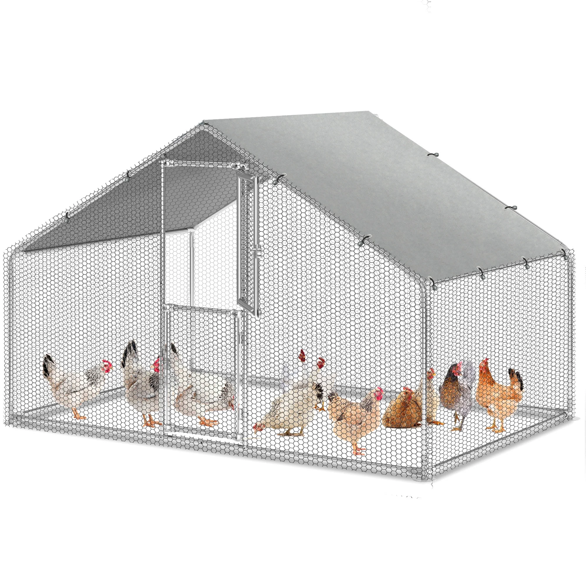 Dextrus Chicken Run Coop 6.6 x 9.8 x 6.4 ft Large Metal Chicken Coop Spire Shaped, Walk-in Hen Cage, Outdoor Poultry Cage with Waterproof Cover for Backyard