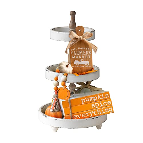 SOFE Distressed White 3 Tiered Tray Stand, Rustic Wood Three Tiered Tray for Spring Easter Decor, Round Farmhouse Tier Tray for Coffee Bar, Kitchen Counter, Dining Room, Home Tabletop Centerpiece