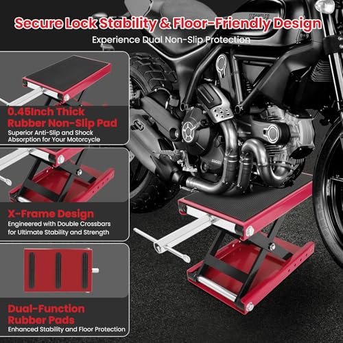 Motorcycle Lift, 1100 Lbs Capacity Motorcycle Scissor Jack with Upgraded Anti-Slip Bottom and Thickened Rubber Wide Deck,Steel Motor Bike Hoist Stand with Crank for ATV, Cruiser Bikes, Dirt Bikes