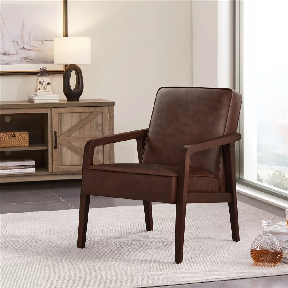 Topeakmart Modern Upholstered Faux Leather Accent Armchair with Solid Wood Frame, Dark Brown