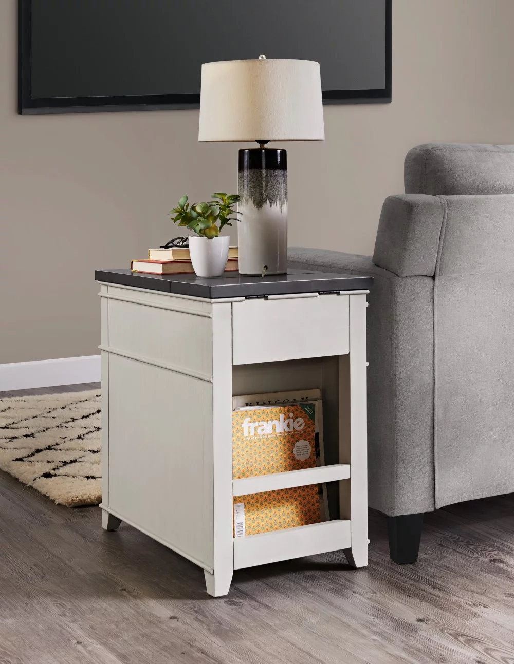 Martin Svensson Home Del Mar Chairside Table with Power, Antique White and Grey