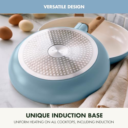 GreenPan Rio Essence Wood 10 Piece Cookware Pots and Pans Set, Healthy Ceramic Nonstick, PFAS PFOA Free Coating, Induction, Silicone Rim Lids, Stay-Cool Wood Print Handles, Dishwasher Safe, Blue