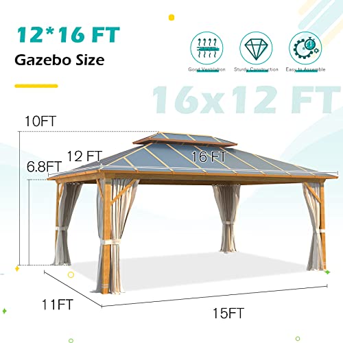 YOLENY 10' x 12' Hardtop Gazebo, Wood-Looking Gazebo with Galvanized Steel Double Roof, Aluminum Frame, Permanent Metal Pavilion with Netting and Curtains for Deck, Backyard, Patio and Lawns