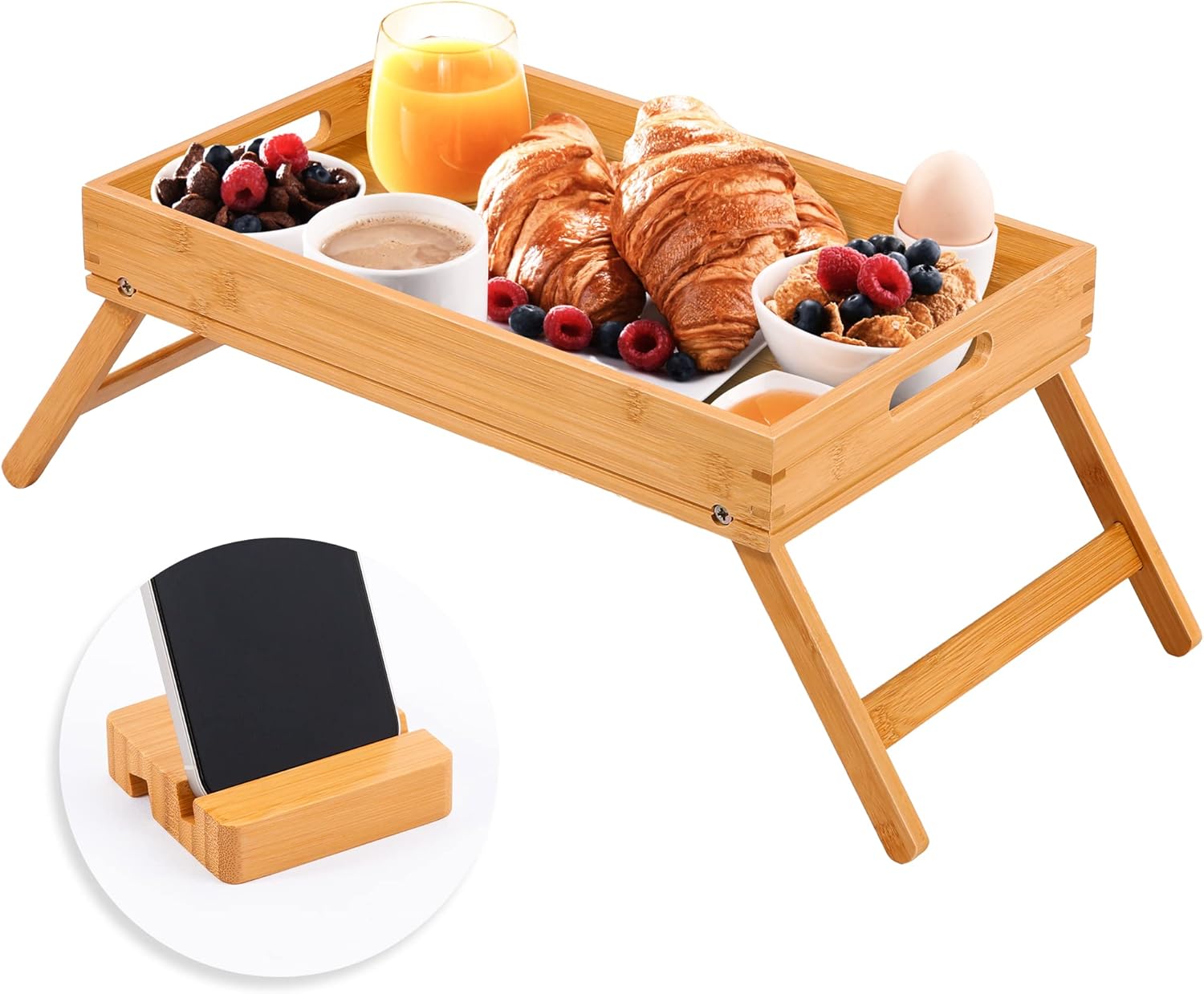 Bed Tray Table with Folding Legs for Eating Serving Tray with Handles Bamboo Breakfast Food Table Comes with Phone Holder Portable Snack Platter for Bedroom Hospital Picnic