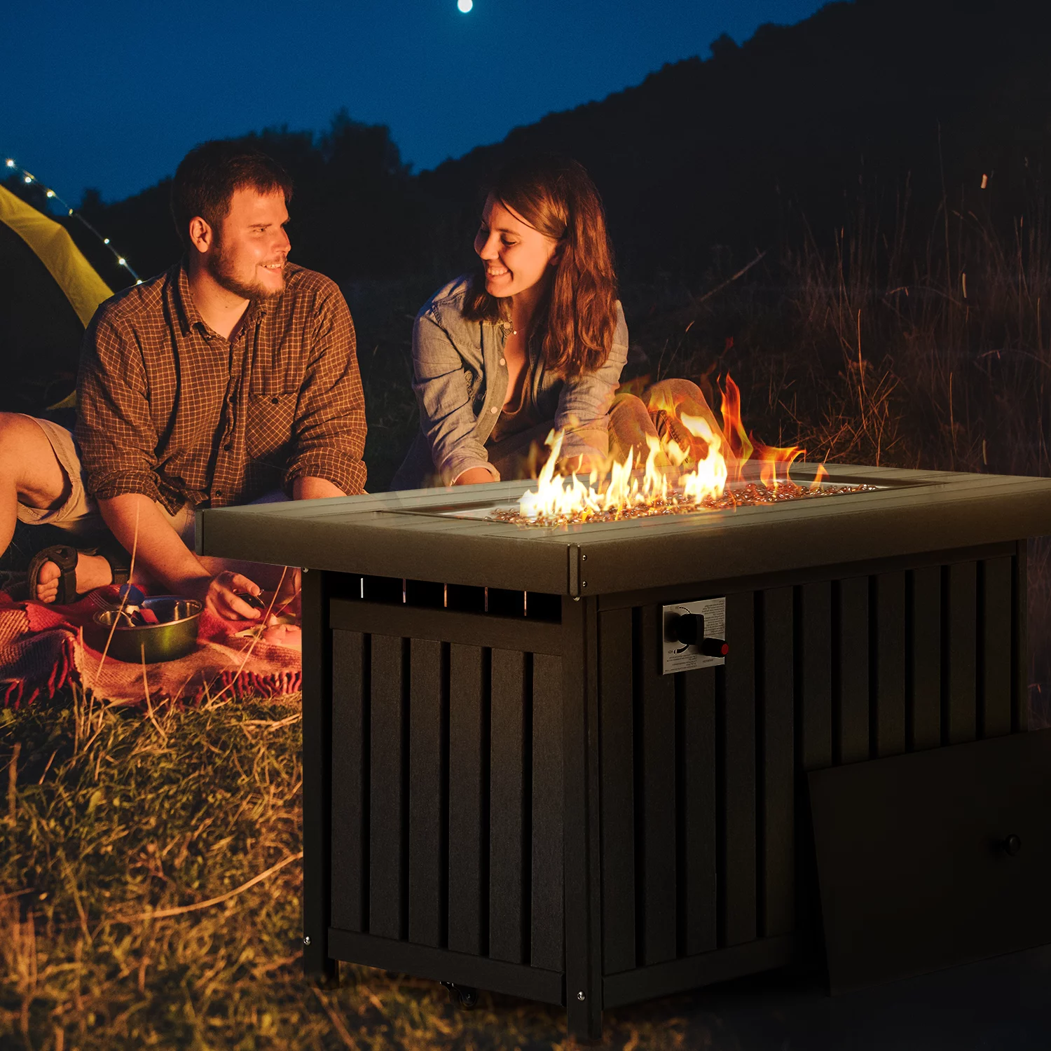 Mellcom 43in Propane Fire Pit Table, 50000 BTU HDPE Rectangle Gas Fire Pit for Outside, Paito, Backyard, Gray