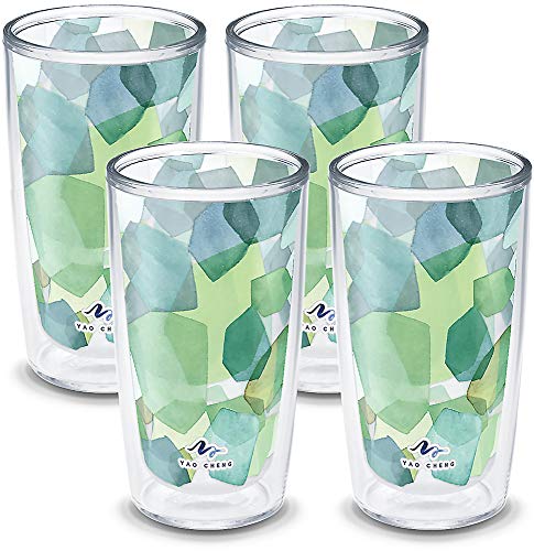 Tervis Yao Cheng Green Crystal Made in USA Double Walled Insulated Tumbler Travel Cup Keeps Drinks Cold & Hot, 16oz, Green Blue Stripe