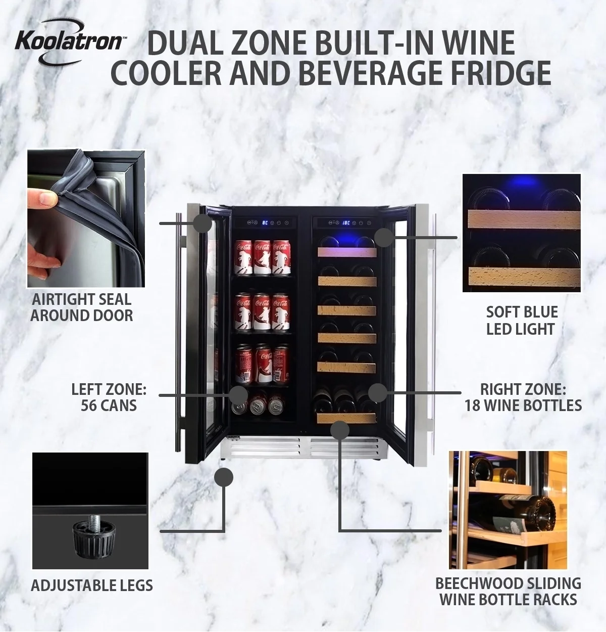 Koolatron 18 Bottles and 56 Cans Built-In Under-Counter 24 Inch Dual Zone Wine Cooler and Beverage Fridge