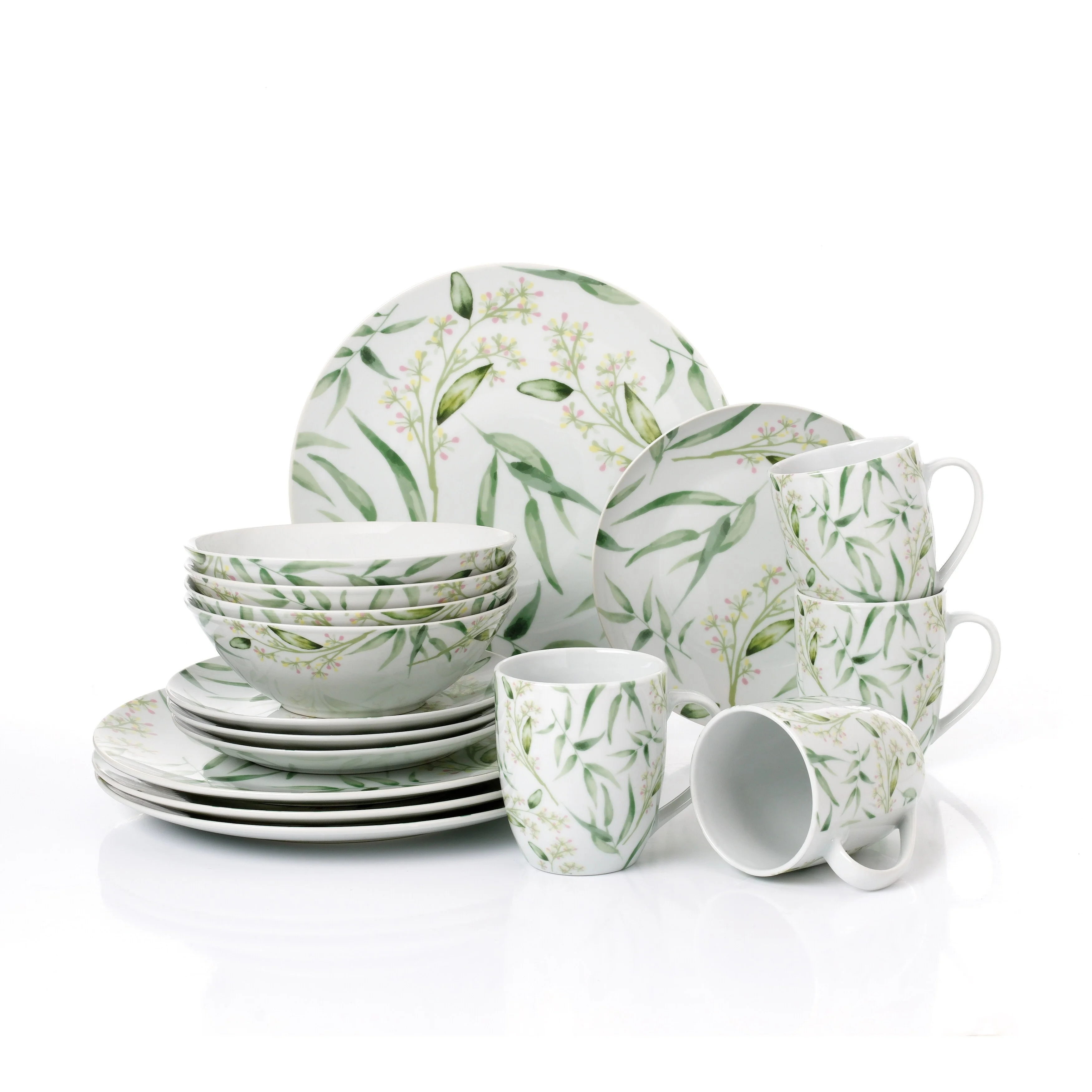 Studio Houseware 16PCs Coupe Shape Stonelain Dinnerware with Full Bamboo Decal in Green Color, Service for 4