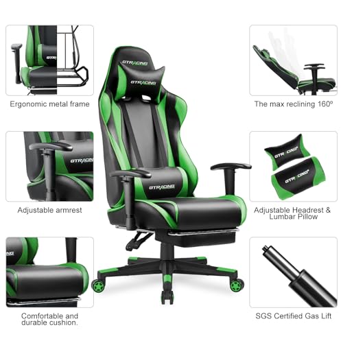GTRACING Gaming Chair with Footrest, Ergonomic Computer Game Desk Chair, Reclining Game Chair Seat Height Adjustment, Swivel Rocker with Headrest and Lumbar (Blue)