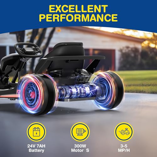 Planet X8 24V Electric Go Kart, 2x150W Drift Kart for Big Kids, 5-Point Safety Belt with Soft Start, Up to 8 MPH Racing Speed, 7AH Large Battery, Power Display, Wireless, Music
