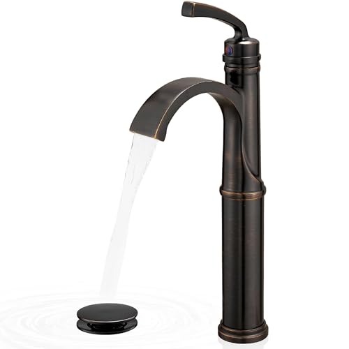 Vessel Sink Faucet, Oil Rubbed Bronze Waterfall Bathroom Sink Faucets, Brass Tall Bathroom Faucet Vanity Faucet 1 Hole Restroom Faucet Single Handle with Pop-up Drain Supply Hose