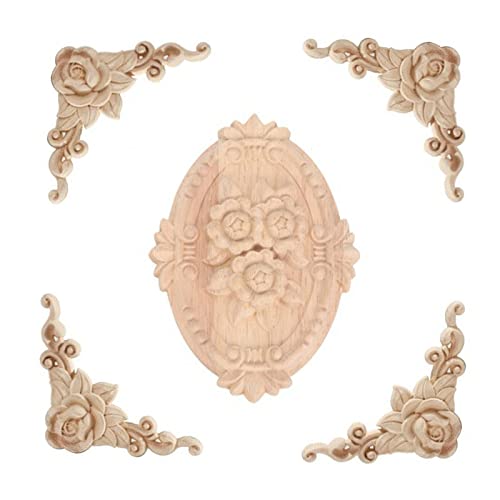 5PCS Wood Appliques Onlays Decorative for Furniture Wood Carved Onlay Bed Door Cabinet Wardrobe Furniture Long Decoration Unpainted Wood Carving Decoration,03