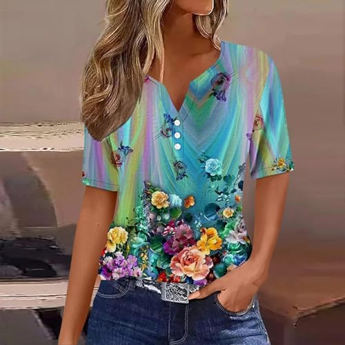 Womens Tops Short Sleeve Henley Neck Button Up Shirts Casual Loose Fit Blouses Boho Floral Vacation T-Shirts
