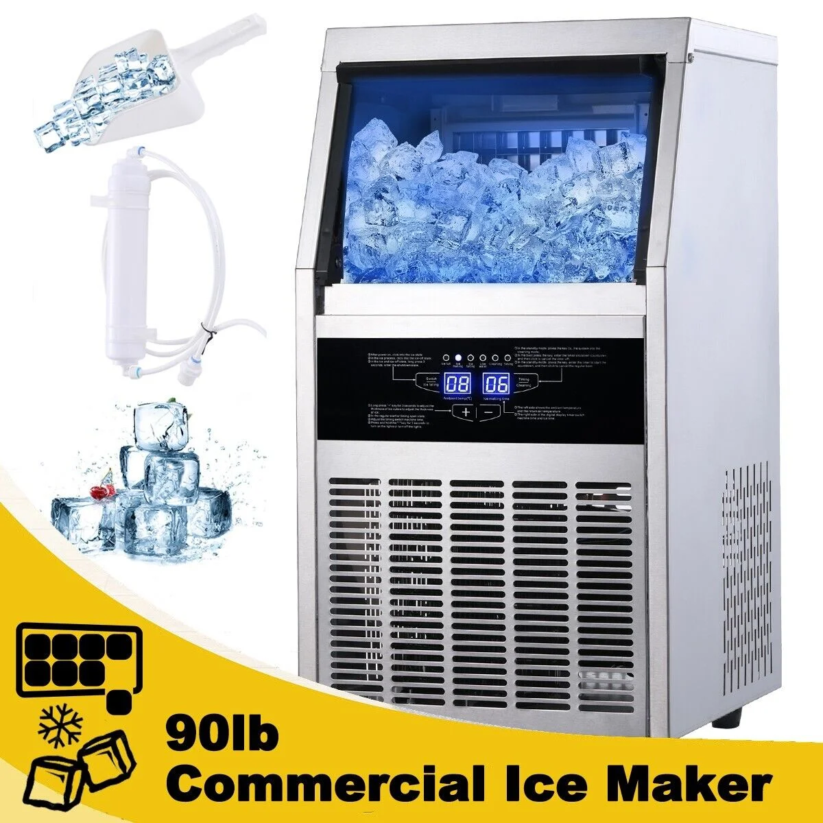 Zomagas Commercial Ice Maker 90lb Stainless Steel Bar Restaurant Built-in Cube Machine