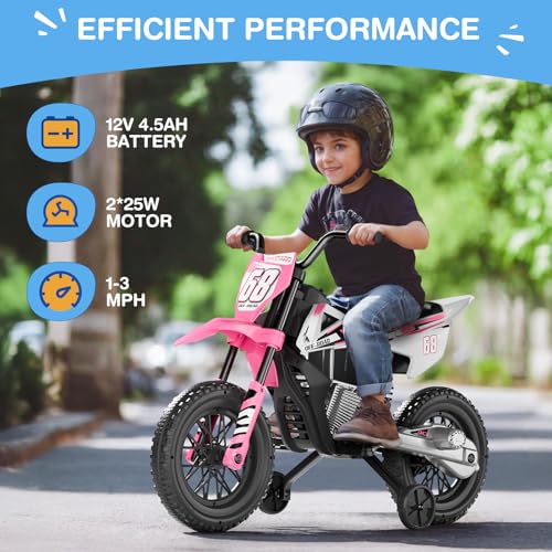 S6 12V Kids Motorcycle, 2x25W Ride on Motorbike, Equipped with Safety Training Wheels, Self-Control Throttle Grip, Bluetooth, Multi Music, Spring Suspension, Idea Present for Little Kids