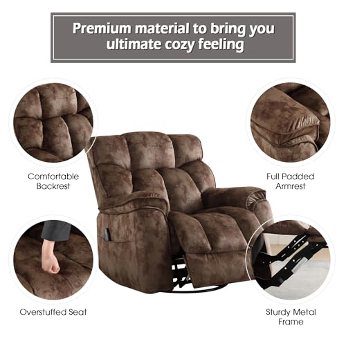 INZOY Massage Swivel Rocker Recliner with Heat and Vibration, Manual Rocking Recliner Chair with Vibrating Massage, Comfy Padded Overstuffed Soft Fabric Heated Recliner, Brown