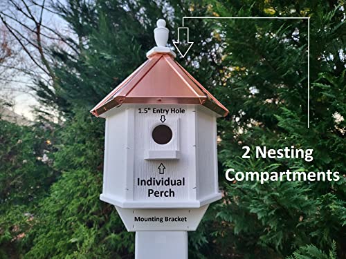 2 Holes Amish Handmade Copper Roof Birdhouse With Individual Perches, Duplex 2 Nesting Compartments, Bluebird Songbird Bird House US Made