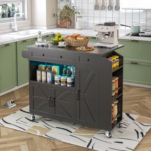 Kitchen Island with Drop Leaf, Rolling kitchen island with power outlet and Led Light, Kitchen Island with Storage Cabinet, Spice Rack, Drawer, Towel Rack, kitchen island on wheels for Dinning Room