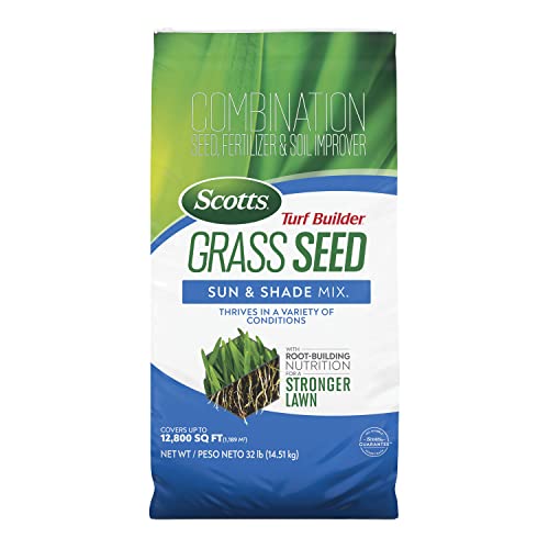 Scotts Turf Builder Grass Seed Sun & Shade Mix with Fertilizer and Soil Improver, Thrives in Many Conditions, 5.6 lbs.