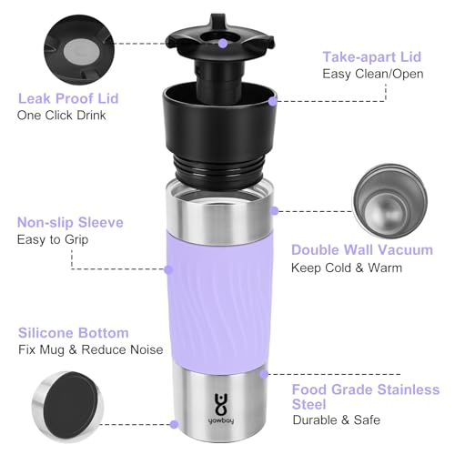 Travel Coffee Mug with 360°Lid, Travel Coffee Tumbler 16 oz Leak Proof, Stainless Steel Insulated Travel Mugs for Hot and Cold Spill Proof Leak Proof(Black)