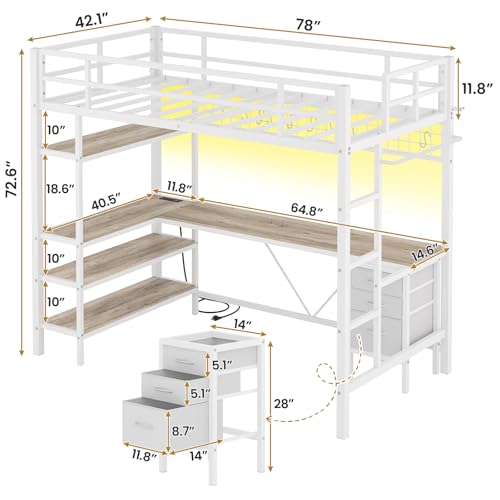 VIAGDO Loft Bed Twin Size with L-Shaped Desk, Charging Station and LED Lights, Twin Loft Bed with 4-Tier Bookshelf and 3 Drawers, Clothes Rail, Safety Guardrail&Ladder, No Box Spring Needed, White