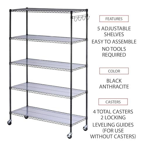 Alera 5-Shelf Wire Shelving Kit with Casters and Shelf Liners, 48w X 18d X 72h, Black Anthracite