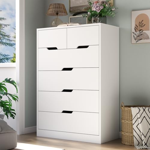 6 Drawer Dresser for Bedroom, Tall White Dresser with Large Organizer, Modern Chest of Drawers, Wooden Dresser with Deep Storage Drawer, Closet Dresser with Concealed Handle for Living Room (White)