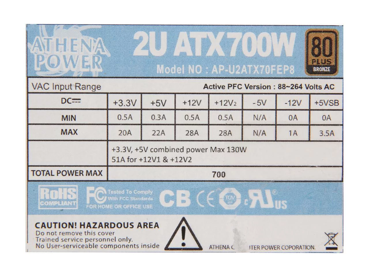Athena Power AP-U2ATX70FEP8 20+4Pin 700W Single 2U IPC Server Power Supply 80 Plus Bronze