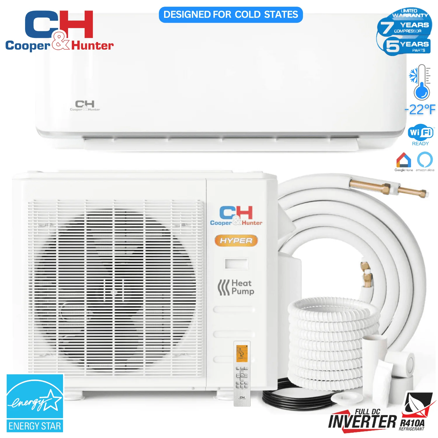 Cooper & Hunter 24000 BTU 230V Wall Mounted Hyper Heat Mini Split Heat Pump Air Conditioner With 16ft Kit Cover 1500 Sq Ft WiFi