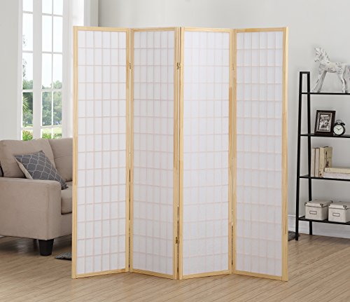 Roundhill Furniture Oriental Shoji 4 Panel Screen Room Divider, Natual