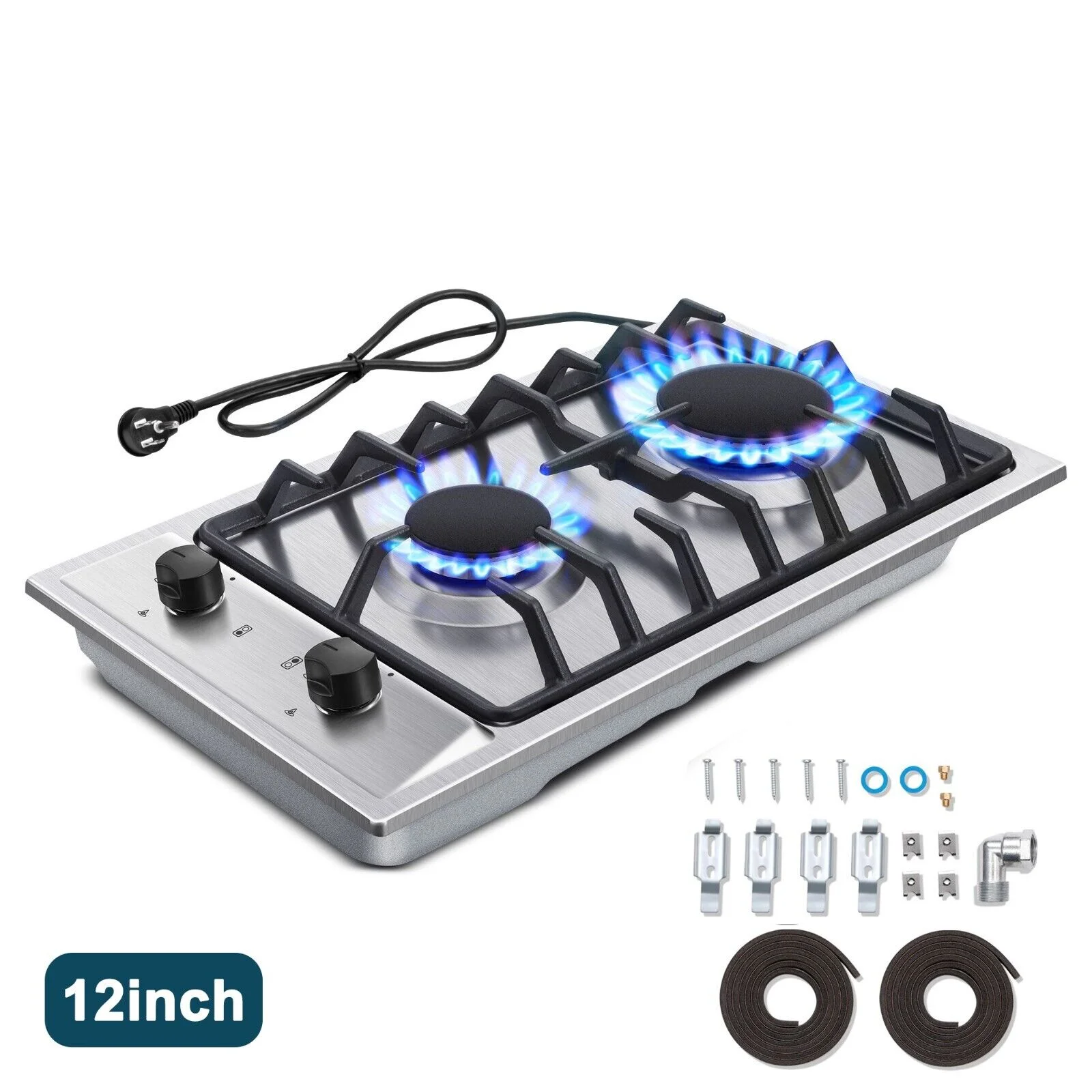 2-Burners Gas Cooktop 12 inch Stainless Steel Kitchen Gas Hob NG/LPG Convertible Built-In Integrated