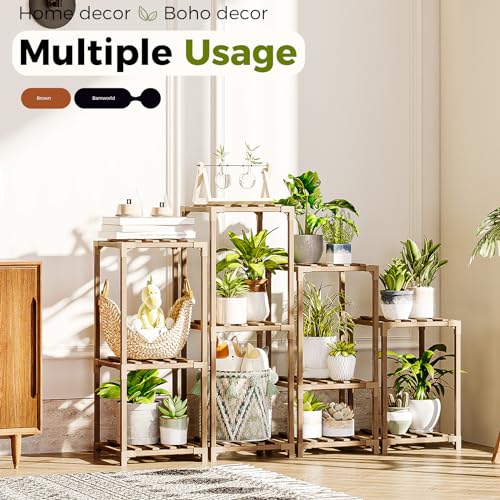 Bamworld Plant Stands Indoor 4 Sets Plant Shelves Outdoor Wooden Plant Holder for Multiple Plants Flower Stands Window