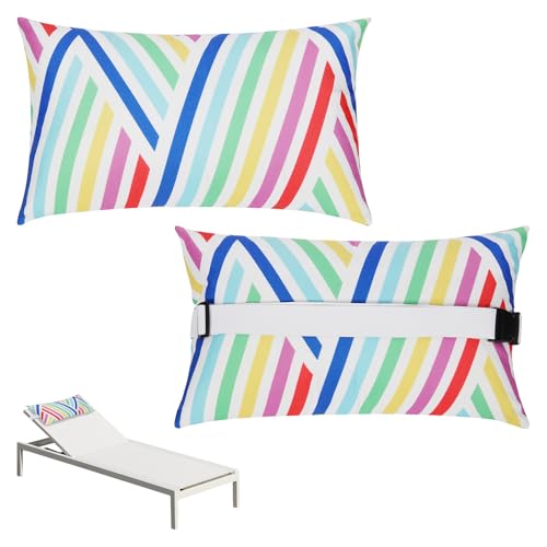 Chaise Head Rest Pillows Set of 2, Waterproof Outdoor Lounge Pillow Lumbar Pillows with Insert Adjustable Elastic Strap Decorative Pillows for Patio Beach Chair,Yellow Blue Flower