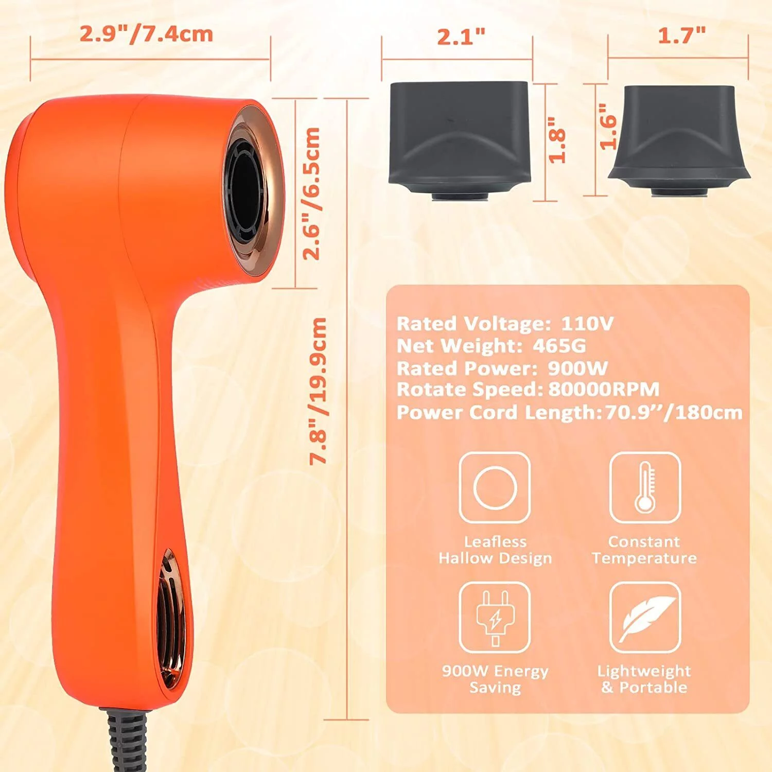 Infinipower Hair Dryer with 2 Nozzles, Negative Ions Brushless Hair Blower