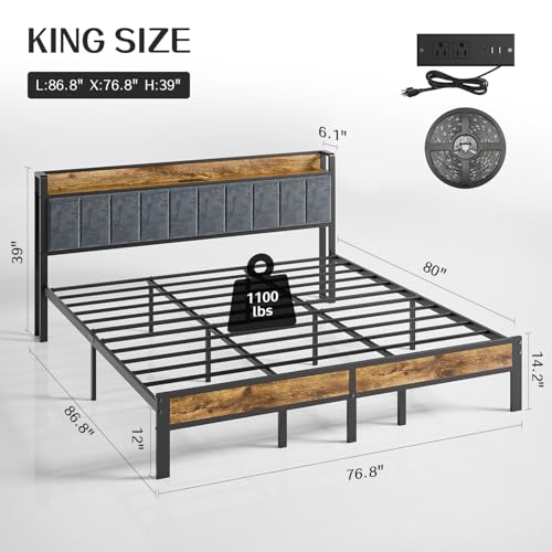 Full Bed Frame with Storage Charging Station Headboard, Smart LED Light, Metal Platform Bed No Box Spring Required, Easy Assembly, Noise Free