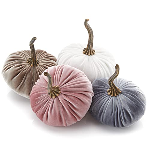 Set of 3 Velvet 6.25 Inch Pumpkins, fall decor, cozy autumn vibe, tiered tray tablescape, elegant accent decor, Thanksgiving centerpiece, neutral mantel decor (Gray, Taupe, Ivory)