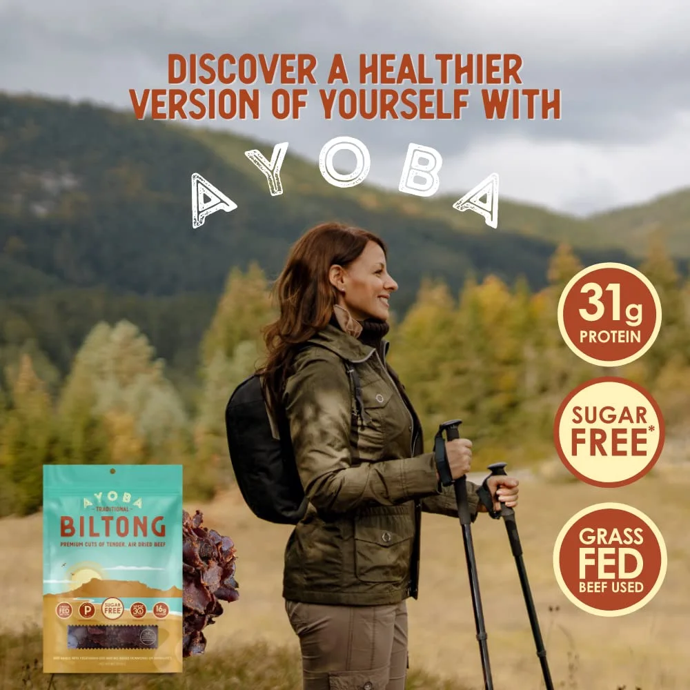 Ayoba Traditional Grass Fed Beef Biltong Slices (2 Ounce, Pack of 3) Keto Friendly Air-Dried Grass Fed Beef Paleo Snacks - Gluten Free, Whole 30 Approved, No Sugar, No Carb Meat Snacks