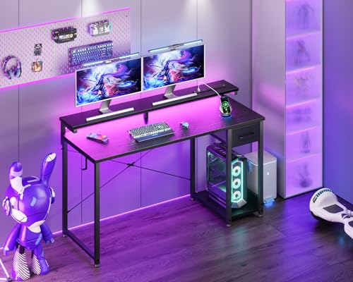 AODK Gaming Desk with LED Lights & Power Outlet, 40 Inch Computer Desk with Drawer, Reversible Small Desk with Monitor Stand & Headphone Hook for Home Office, Black