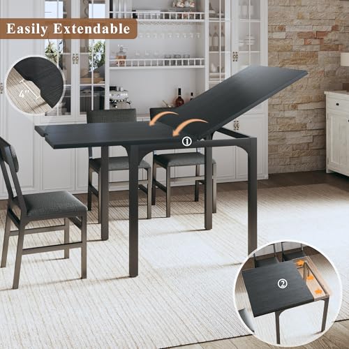 Dining Table Set for 4, Extendable Kitchen Table Cushion Chairs Set of 4, Rectangle Dining Table with Metal Frame & MDF Board, Folding for Small Apartment Saving Space, Black