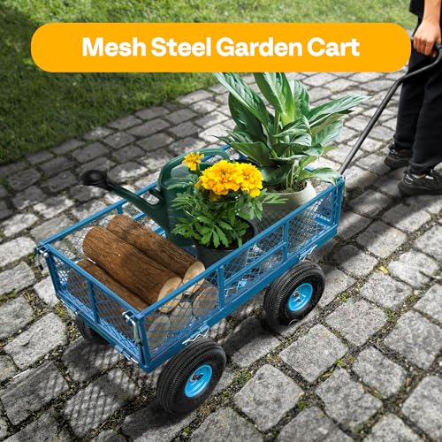 VIVOHOME Heavy Duty 880 Lbs Capacity Mesh Steel Garden Cart Folding Utility Wagon with Removable Sides and 4.10/3.50-4