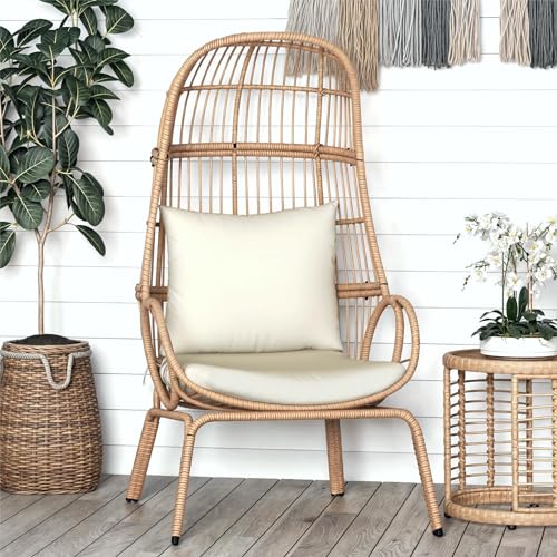 YITAHOME Outdoor Narrow Egg Chair, Patio Wicker Basket Chair with 370lbs Capacity Indoor Egg Chairs with Stand & Cushion Cocoon Chair for Bedroom, Patio, Balcony (Beige)