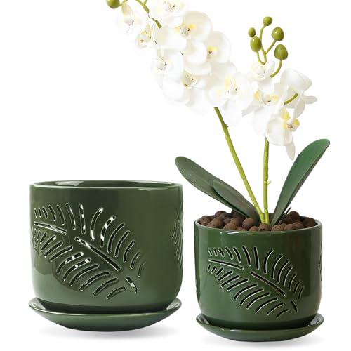 Ceramic Orchid Pots, 6+5 inch Orchid Pots with Holes,Orchid Pots for Repotting,Healthy Air Circulation Plant Pots for Plant Lovers,Planters for Indoor/Outdoor Plants -2 Pack