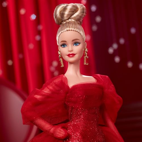 Barbie Signature Doll, Mattel 80th Anniversary Collectible in Glittery Red Tulle Gown with Drop Earrings and Sheer Gloves, Blonde Hair