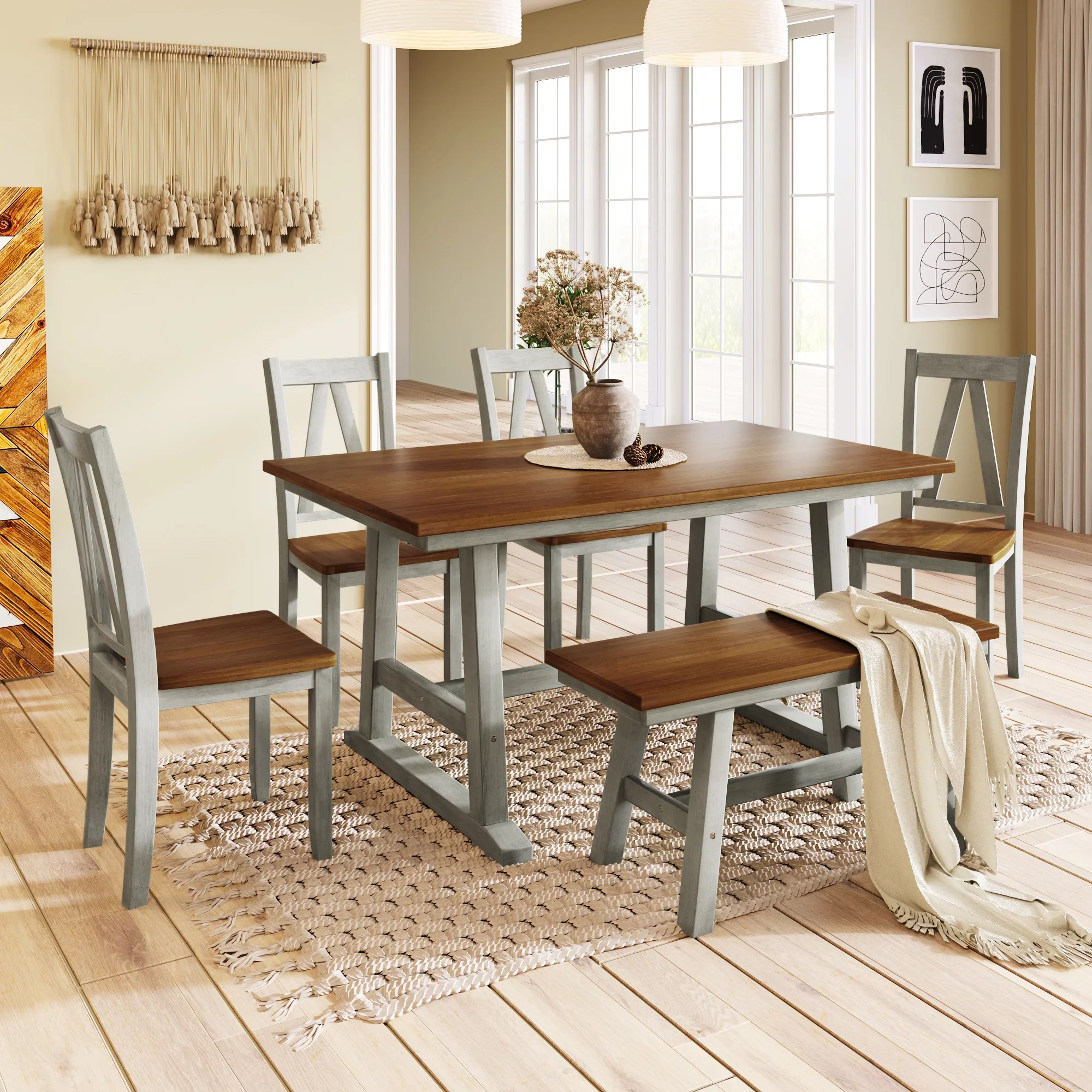 CoSoTower 6-Piece Wood Dining Table Set Kitchen Table Set with Long Bench and 4 Dining Chairs, Farmhouse Style, Walnut+Gray