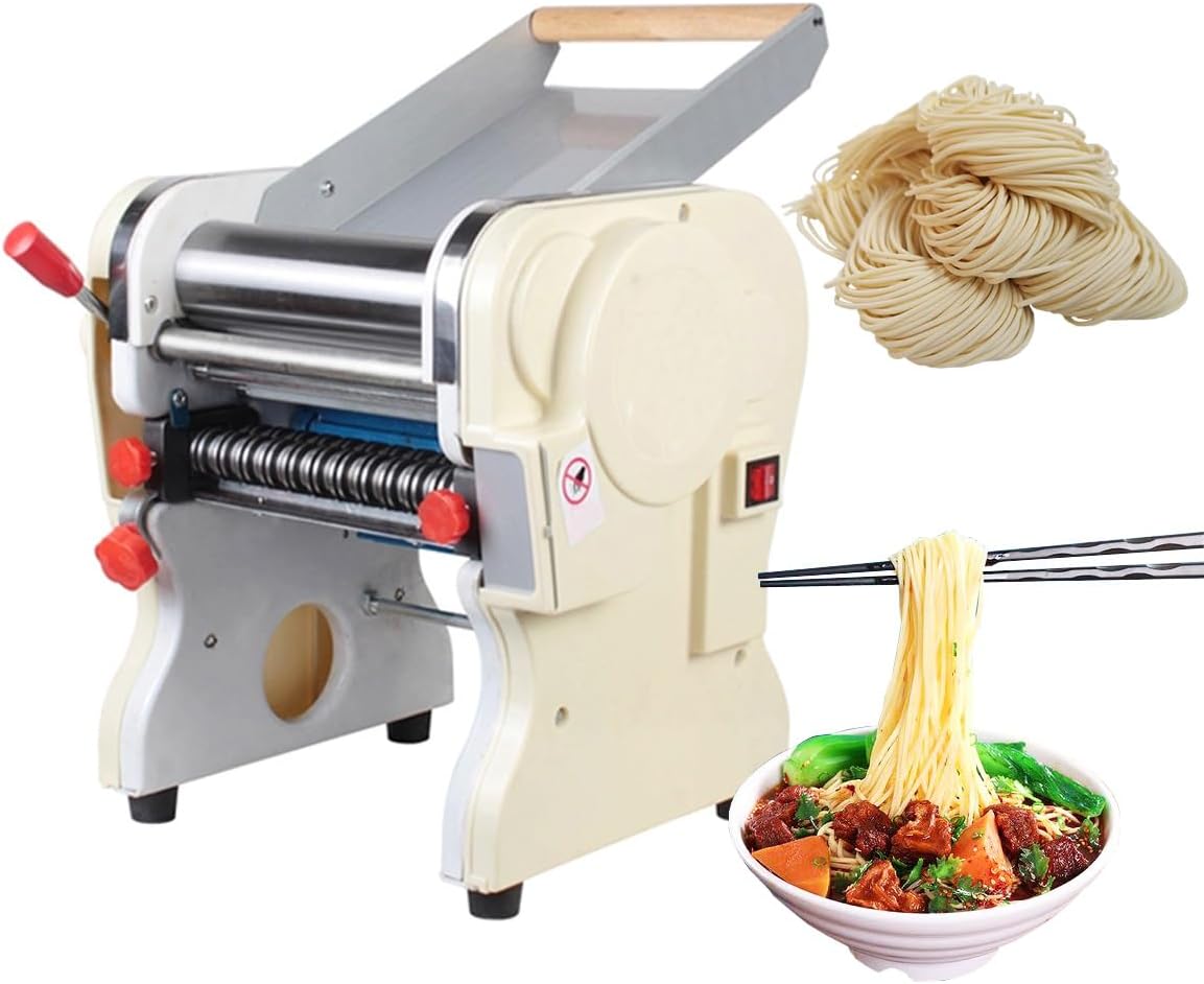 INTBUYING 110V Thickness Adjustable Pasta Maker Noodle Machine 550W Electric Stainless Steel Noodle Machine with 3mm Round Knife Noodles For Home and Business Use